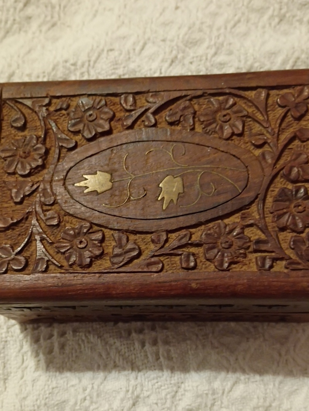 Hand-Carved Wooden Trinket Box with Brass Inlay - Brown